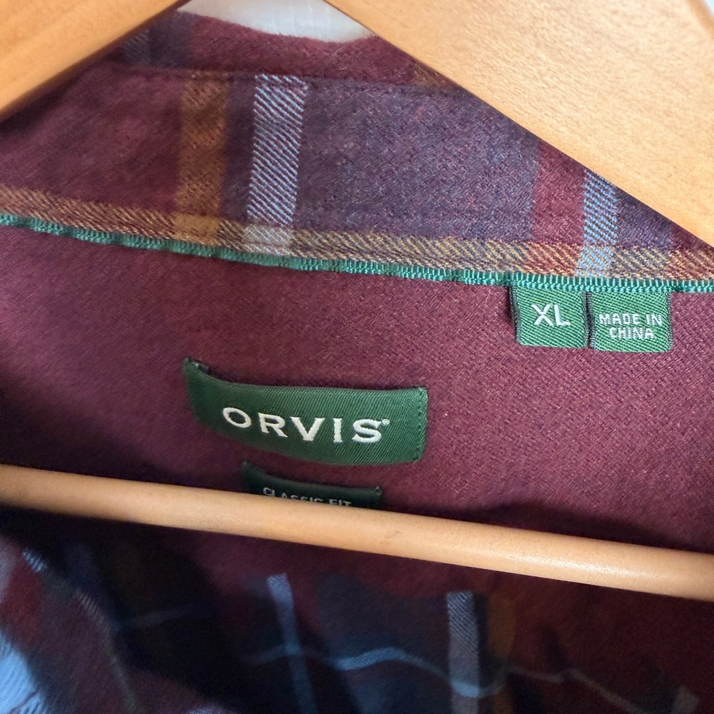Orvis‎ Mens Plaid Flannel Shirt Button Down XL Burgundy Blue Rugged Rustic Work - Picture 4 of 8